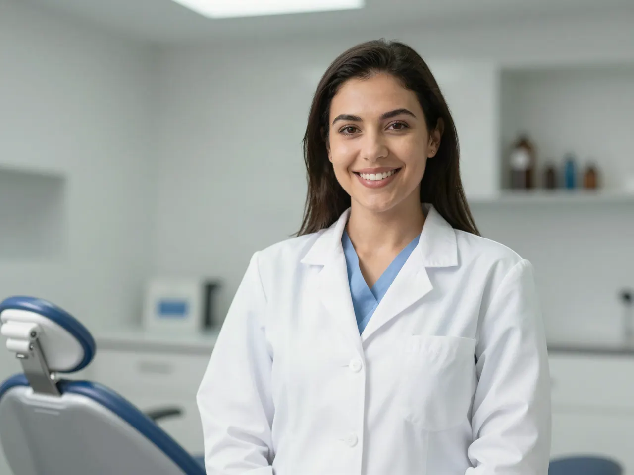 Odontóloga sonriendo en su consultorio