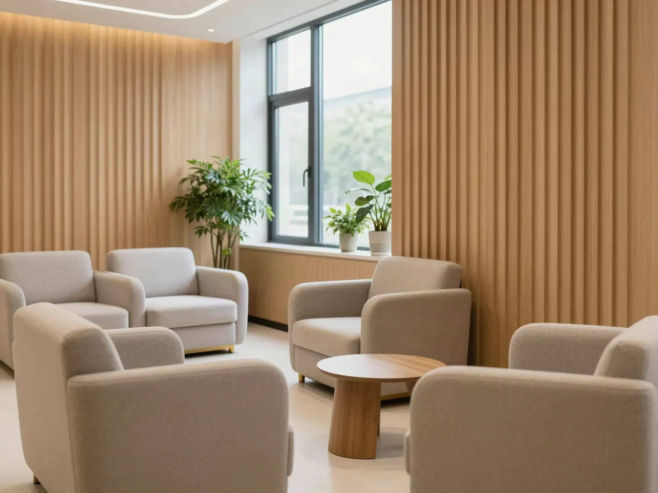 Sala de espera con sillas cómodas y plantas