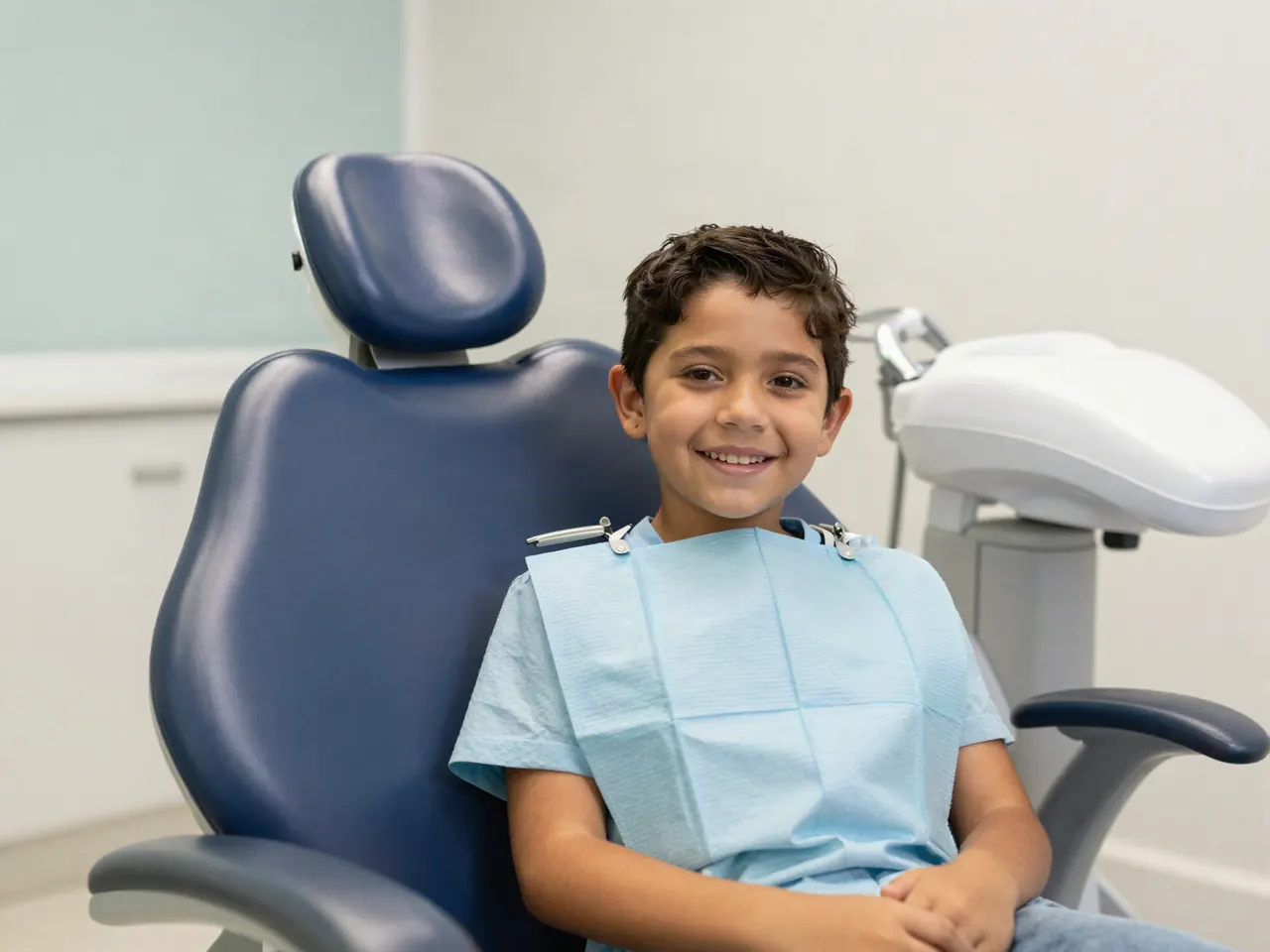 Niño sonriendo sentado en la silla odontológica