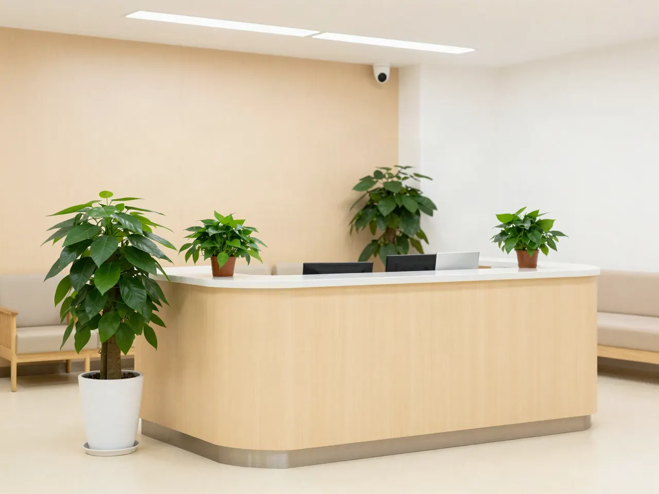 Recepción luminosa de la clínica con mostrador de madera