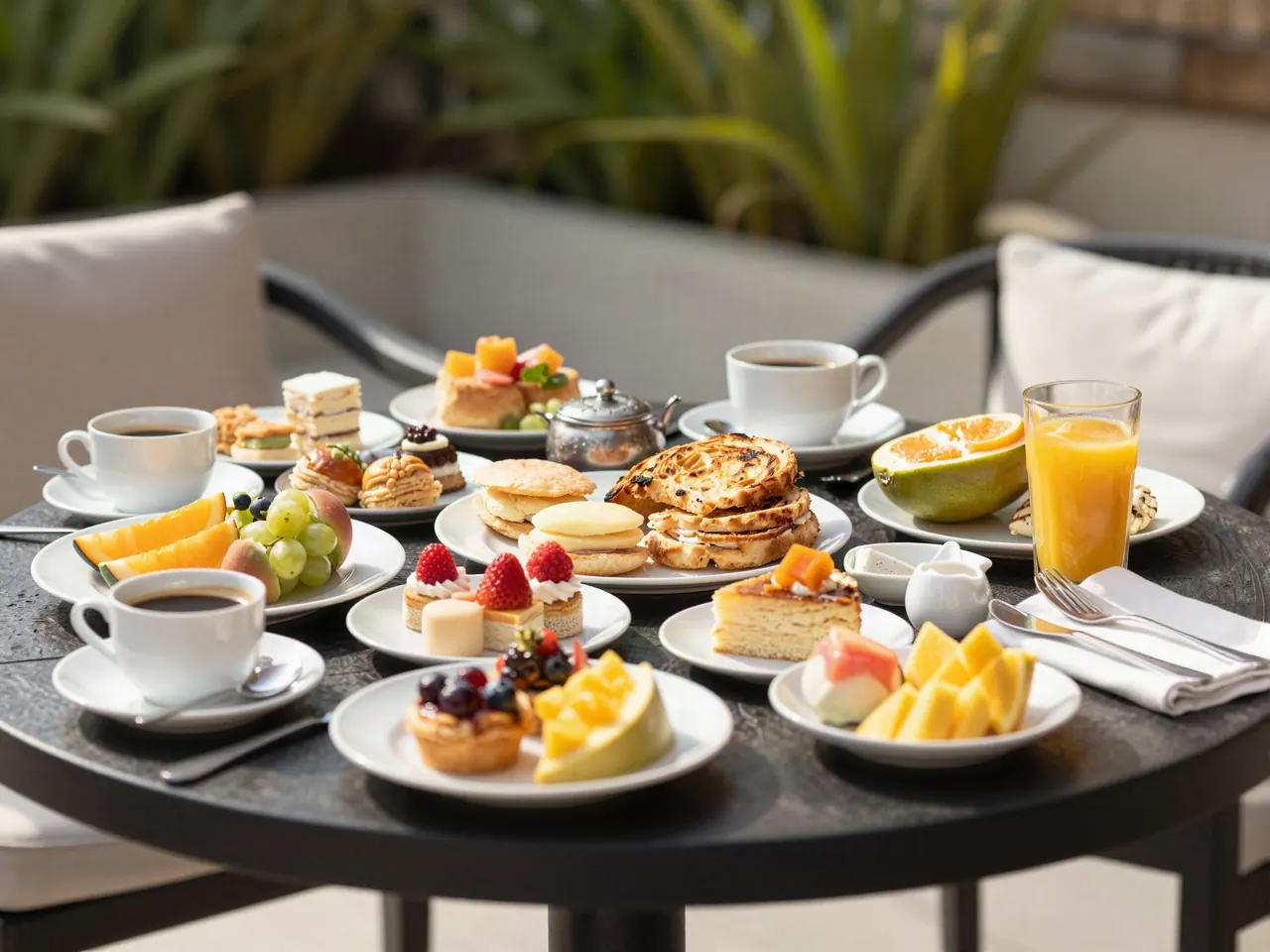 Mesa de desayuno con fruta tropical, café y pan