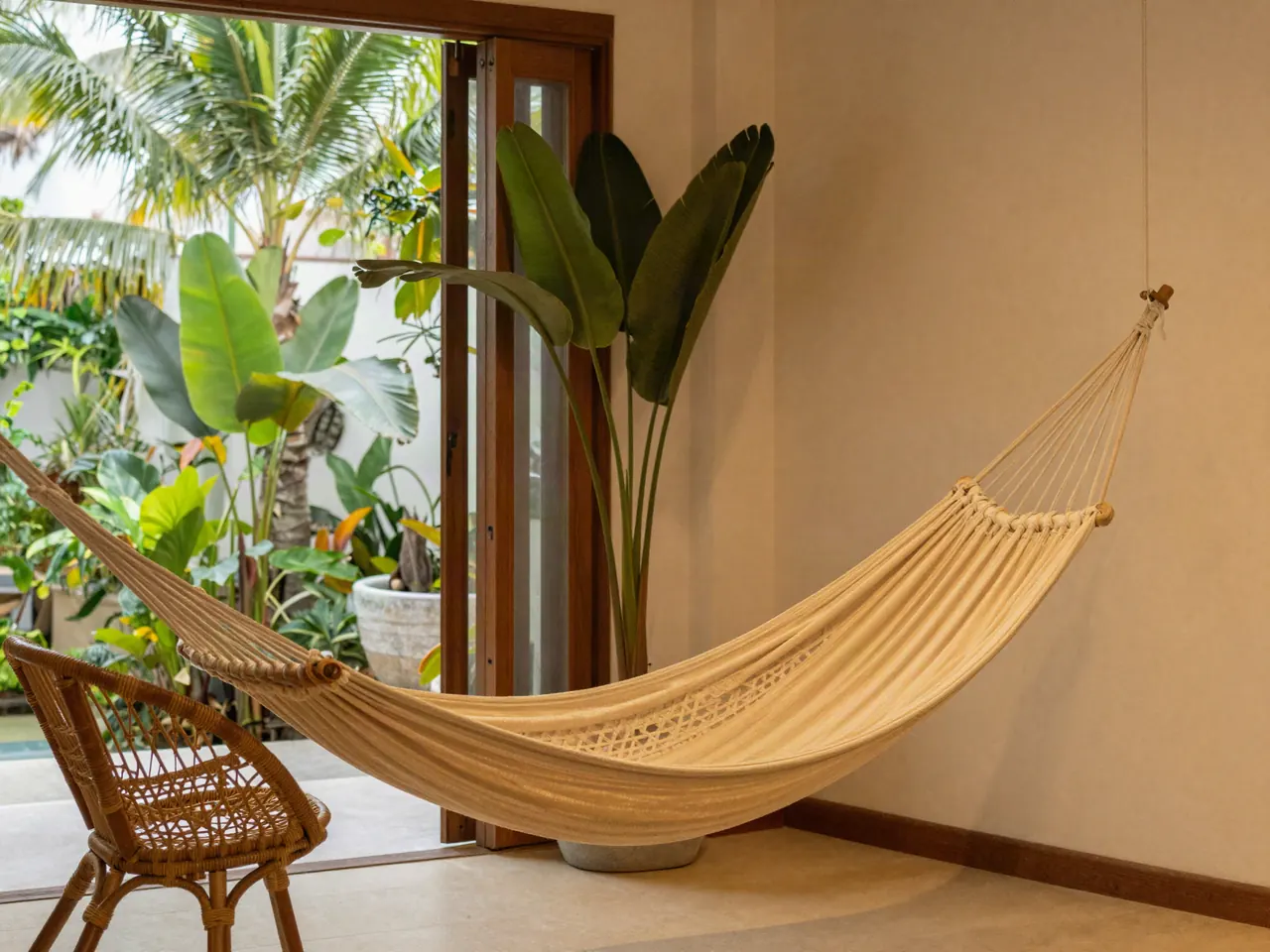 Rincón con hamaca tejida y silla de ratán junto al jardín