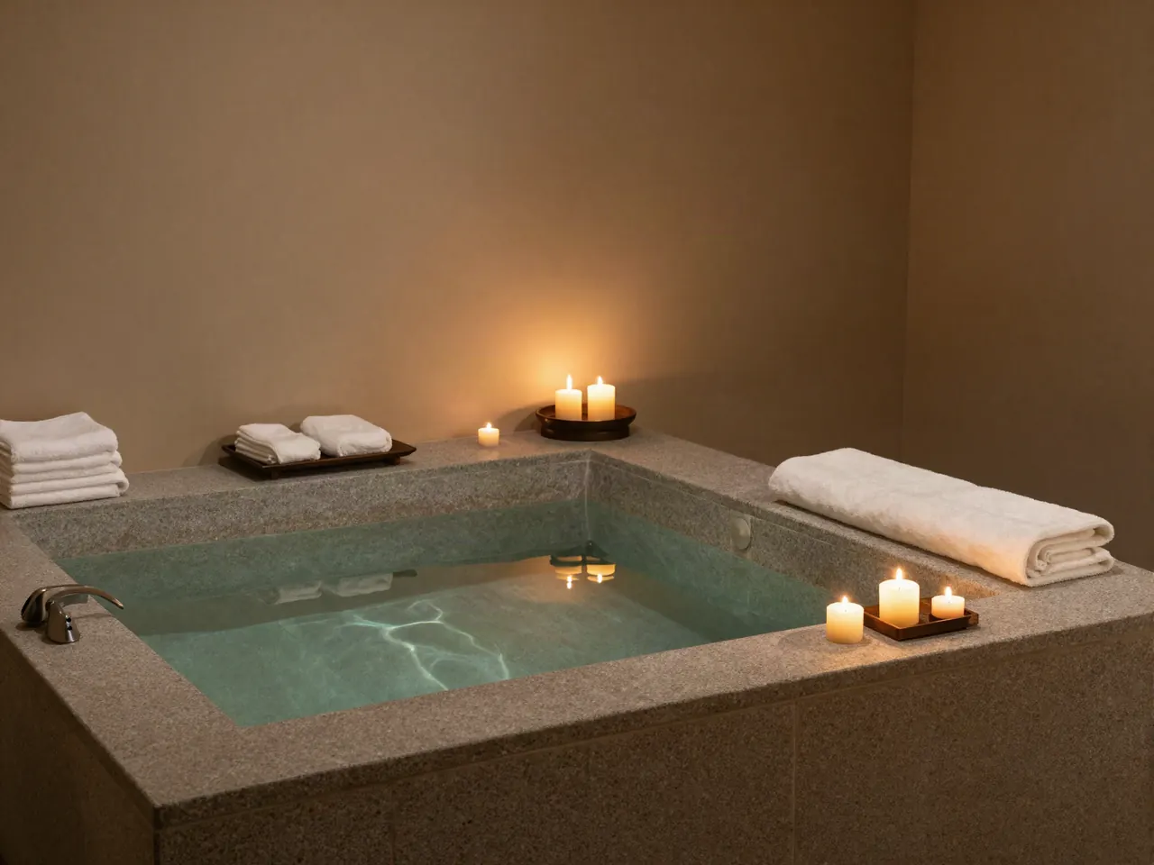 Baño con tina de piedra, velas y toallas dobladas