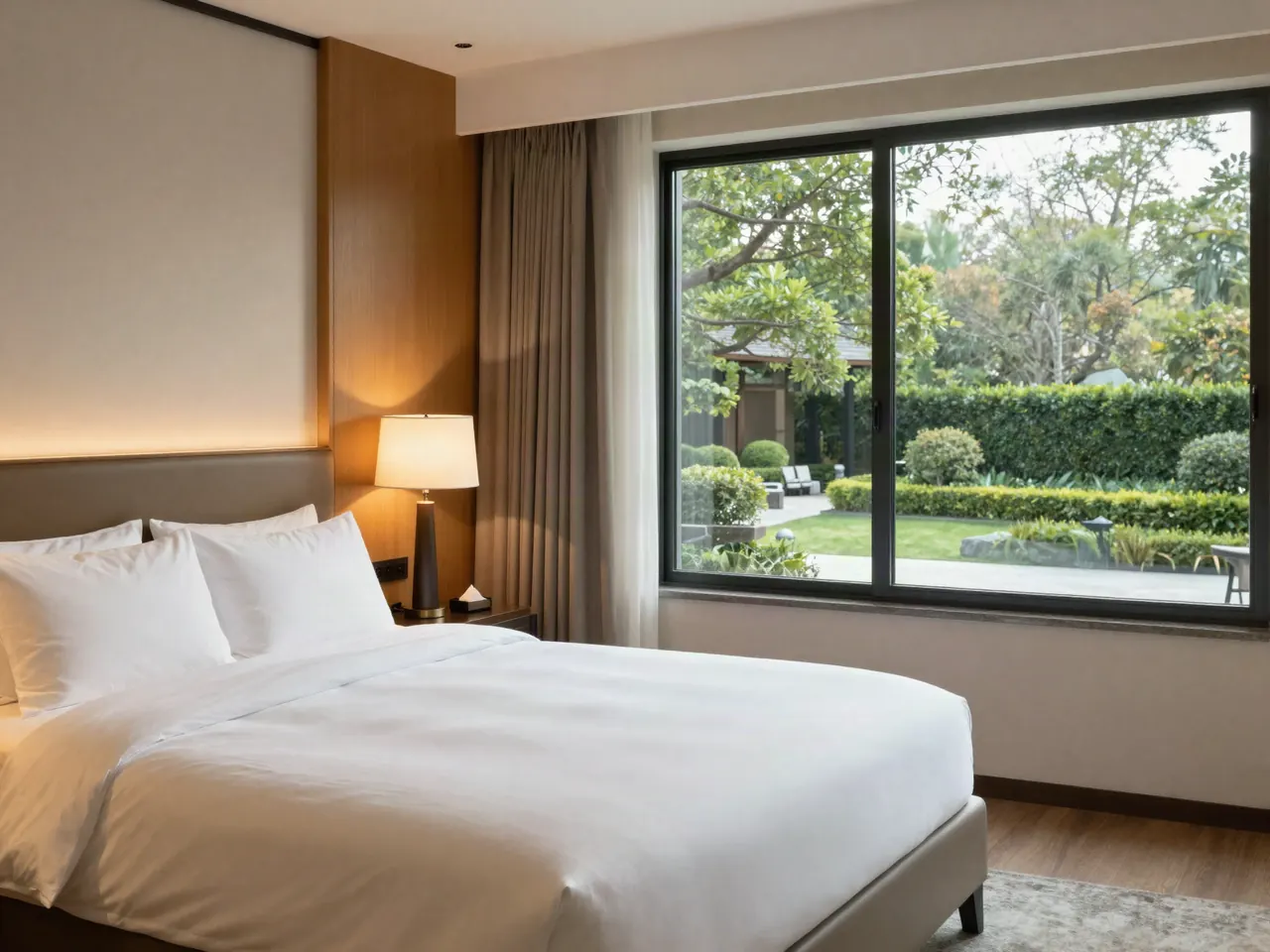 Suite con ropa de cama blanca y cabecero de madera
