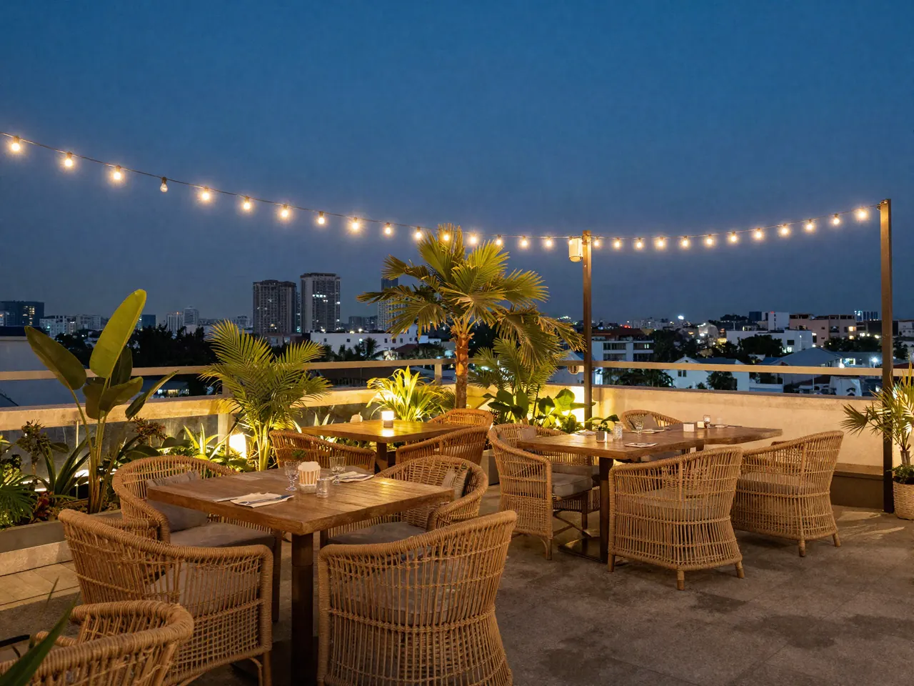 Terraza con muebles de ratán y luces cálidas al anochecer