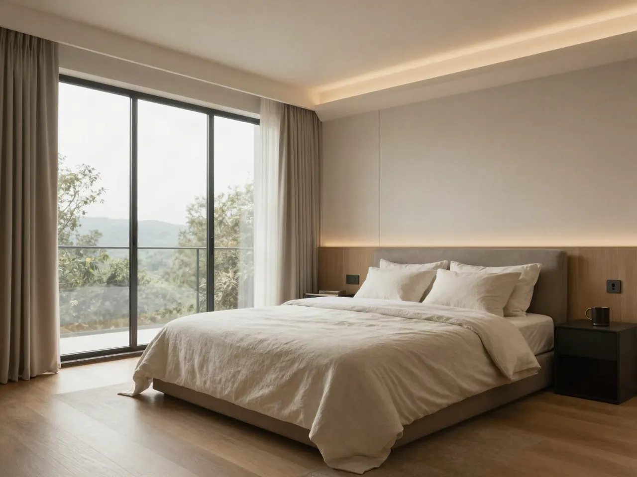 Alcoba principal con ventanal y ropa de cama de lino