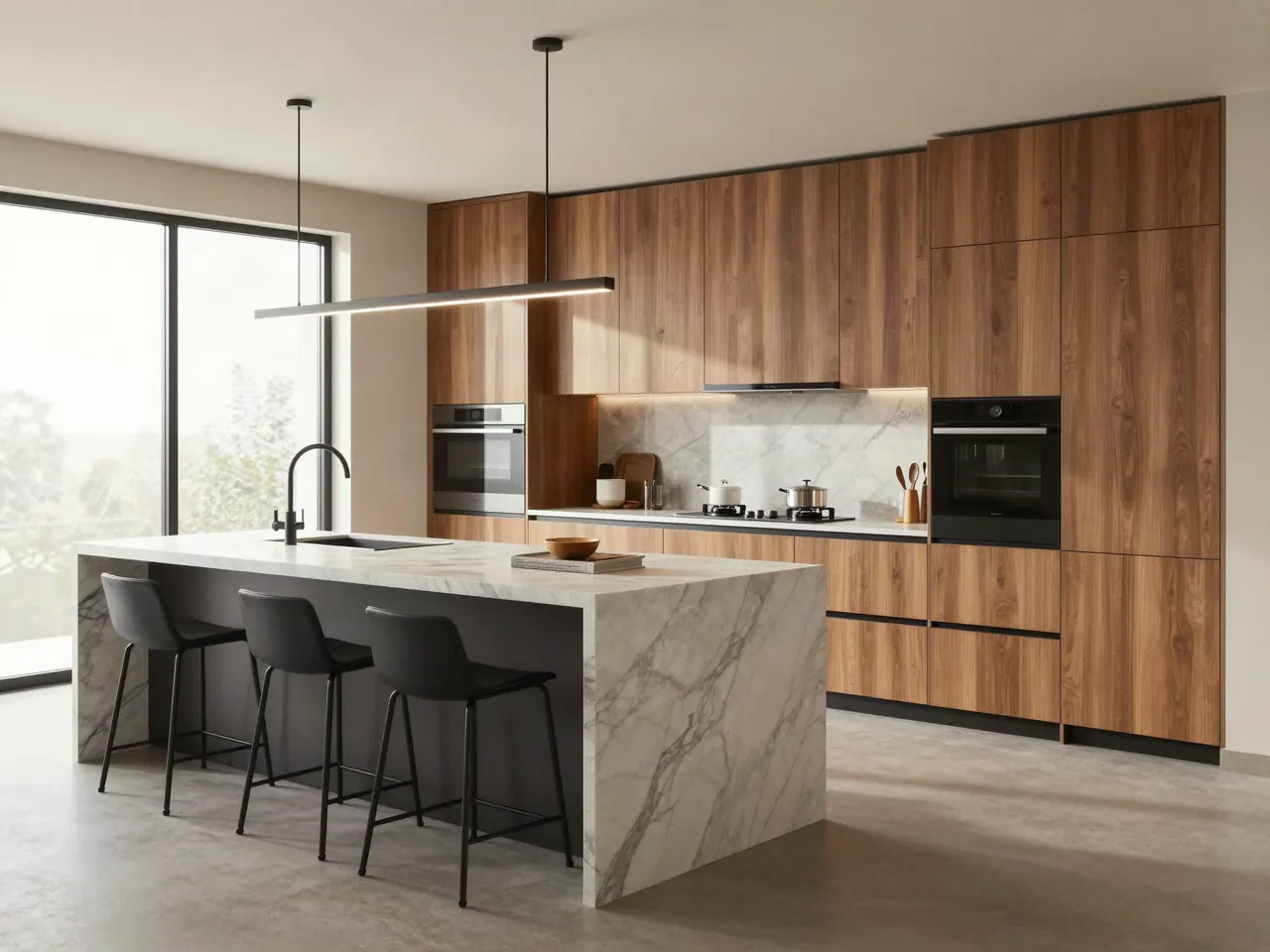 Cocina moderna con isla de mármol y lámparas colgantes
