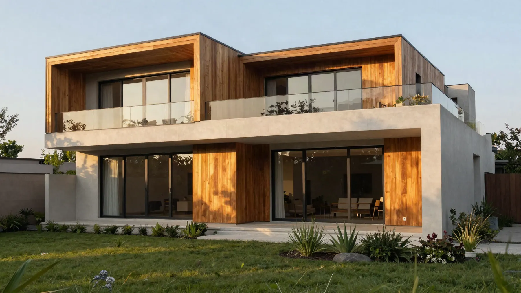 Casa moderna de madera y hormigón al atardecer