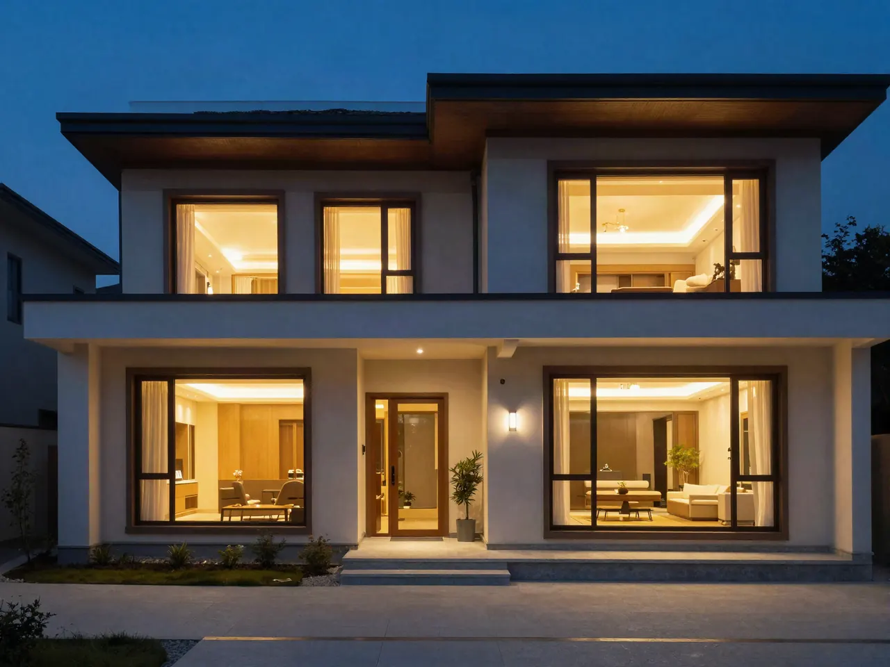 Sitio para inmobiliaria: fachada iluminada de noche