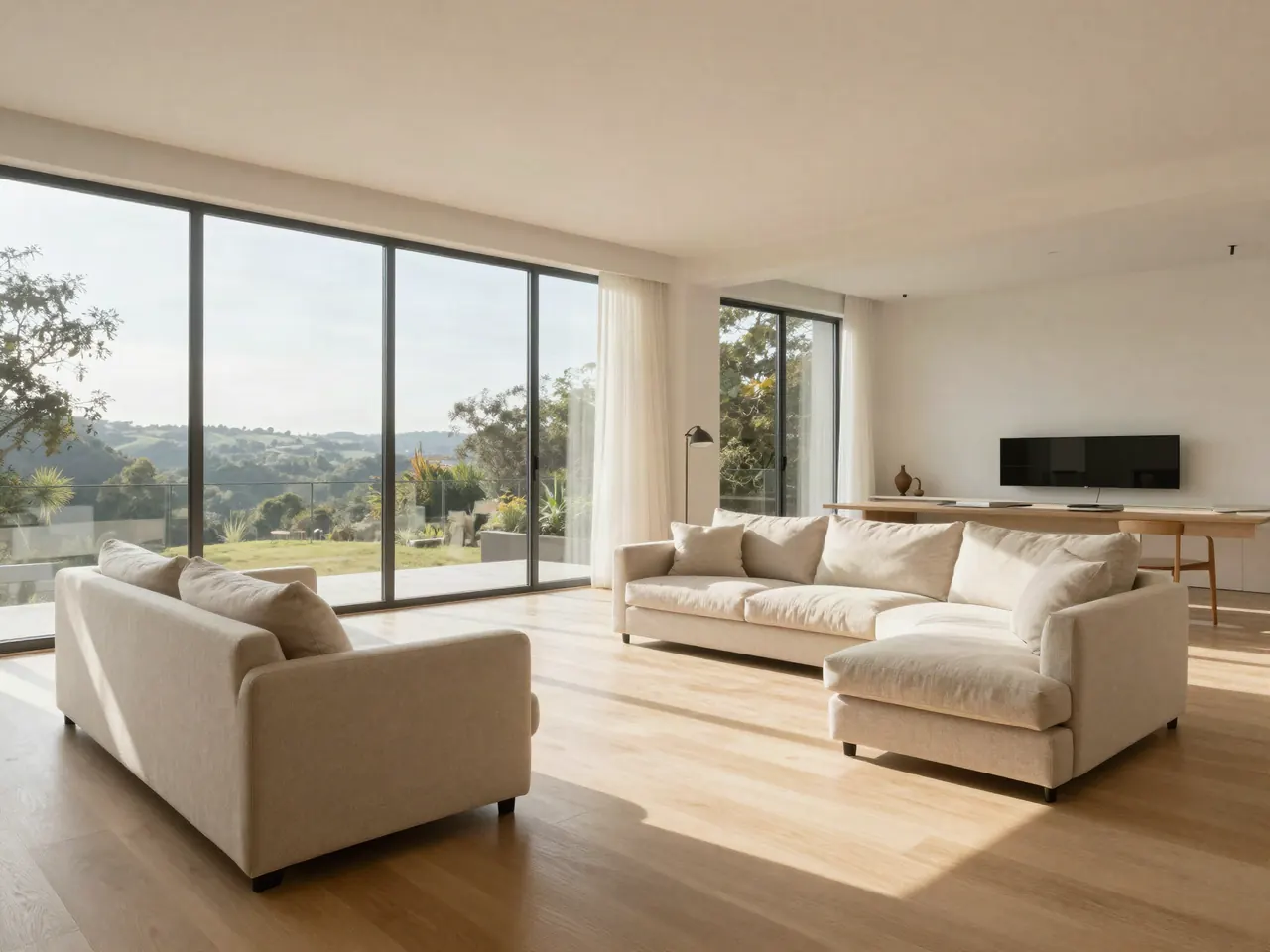 Sala luminosa con ventanales de piso a techo