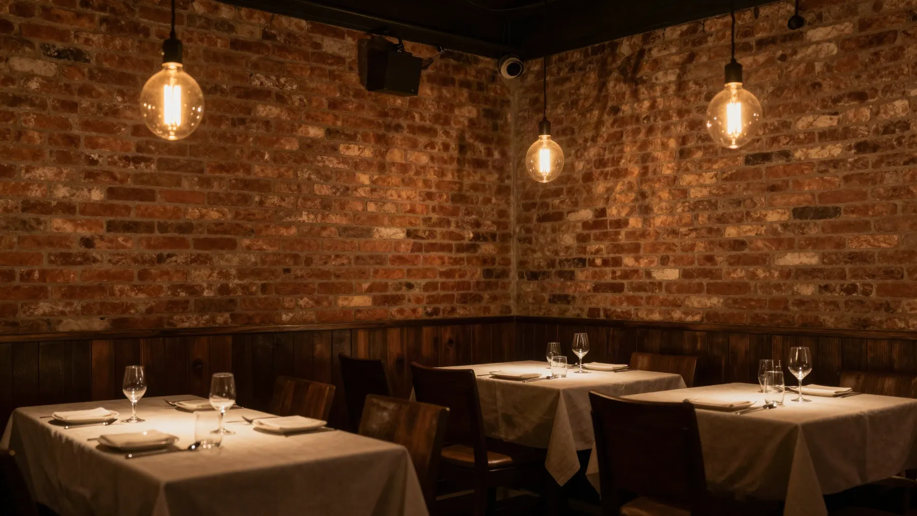 Interior cálido de restaurante iluminado con bombillos colgantes