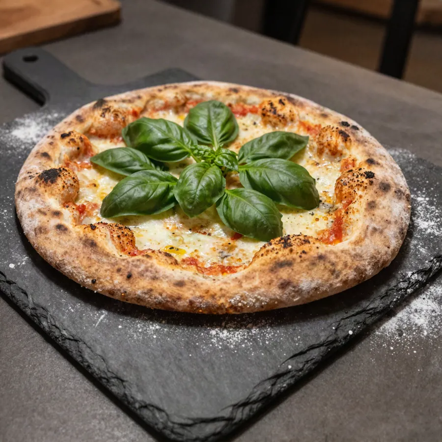 Pizza de horno de leña con albahaca fresca sobre tabla de pizarra