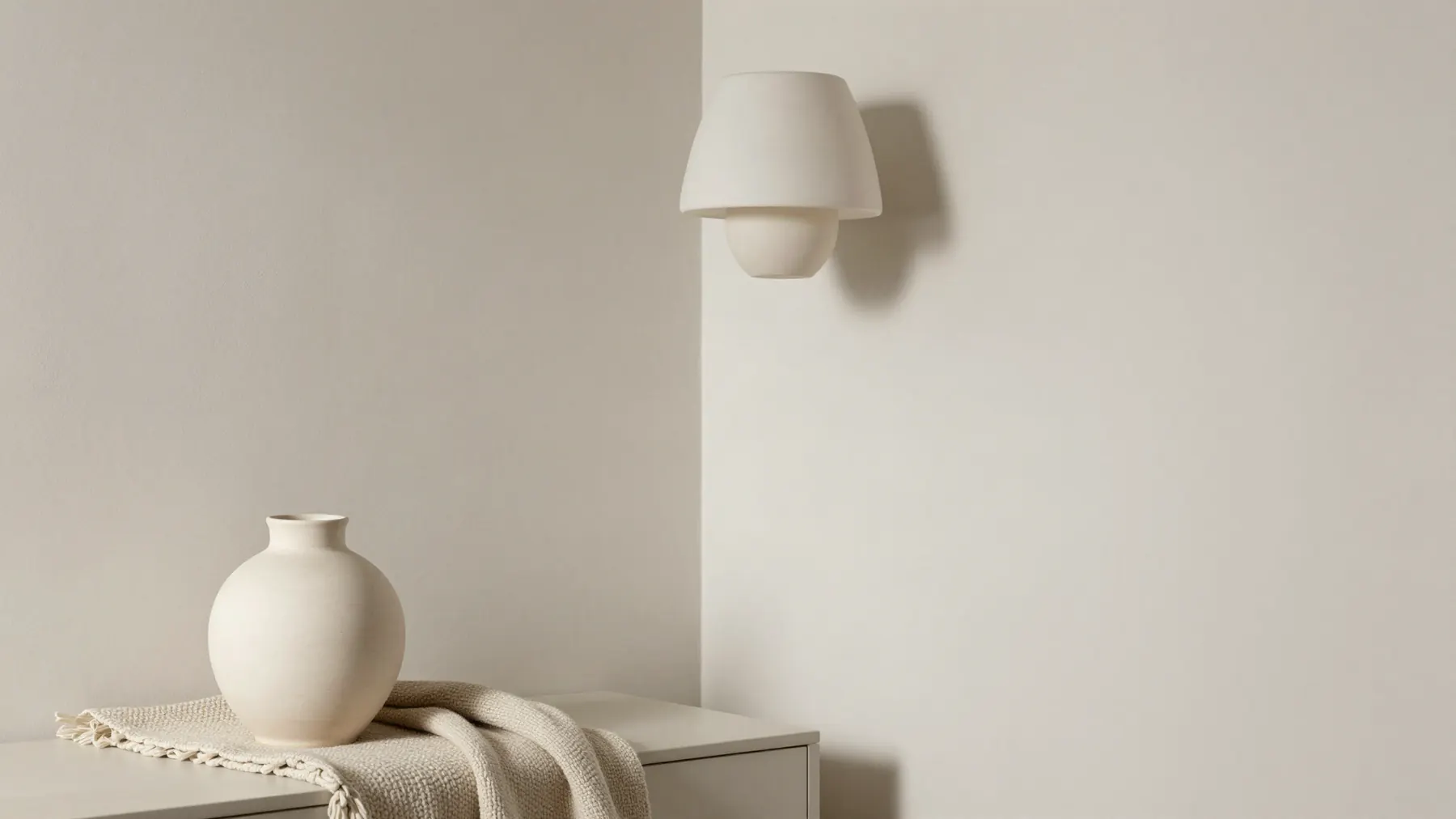 Rincón decorado con cerámica, textiles y una lámpara escultórica
